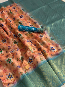 Pulchritudinous Pumpkin Color Digital Printed Zari Weaving Pallu Banarasi Silk Saree Blouse