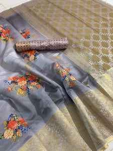 Fantastic Anchor Grey Color Banarasi Silk Digital Printed Zari Weaving Wedding Wear Saree Blouse