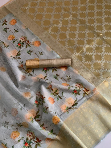 Tremendous Steel Grey Color Zari Weaving Digital Printed Pallu Banarasi Silk Saree Blouse