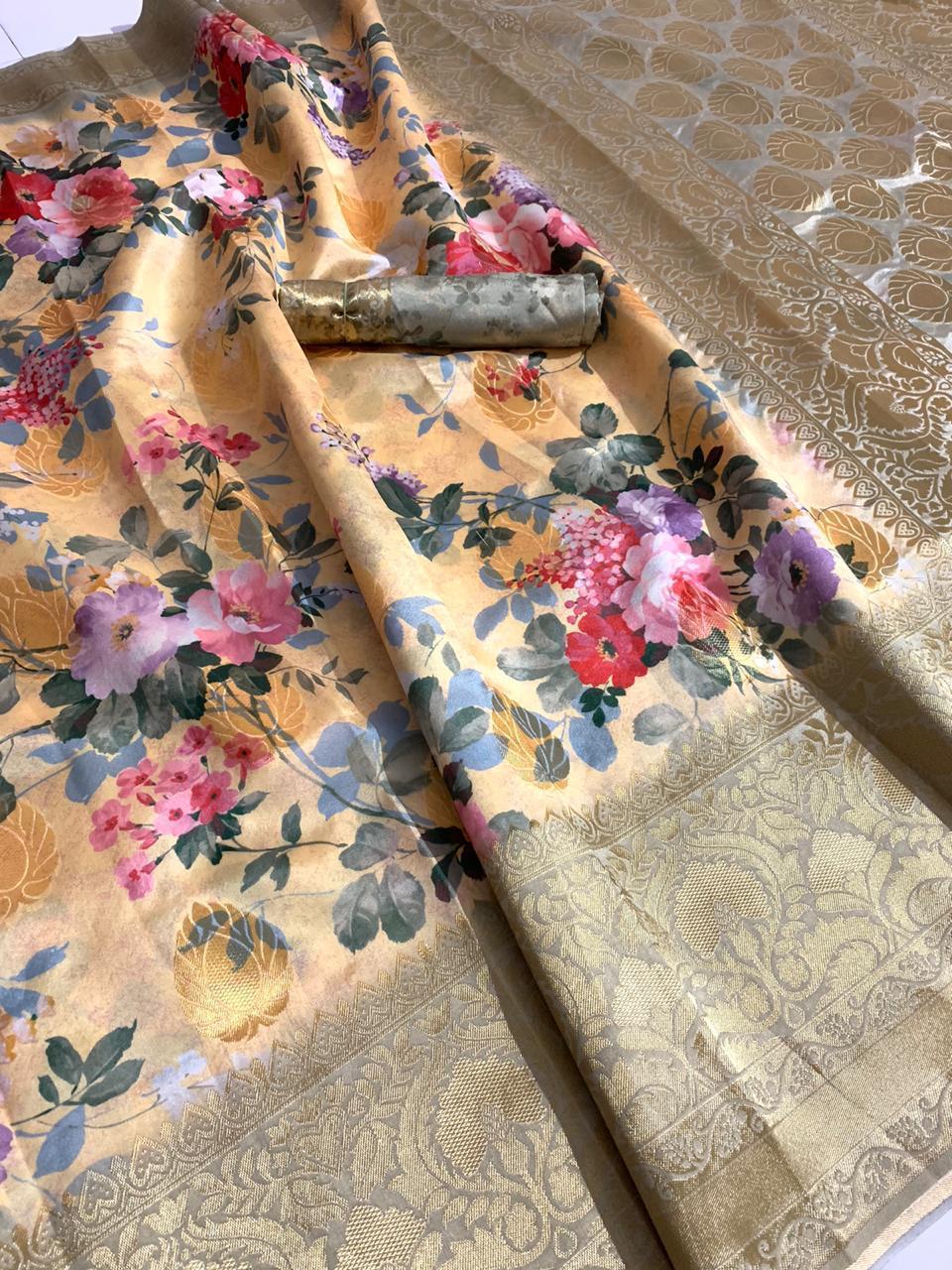 Wondrous Apricot Color Banarasi Silk Digital Printed Zari Weaving Saree Blouse