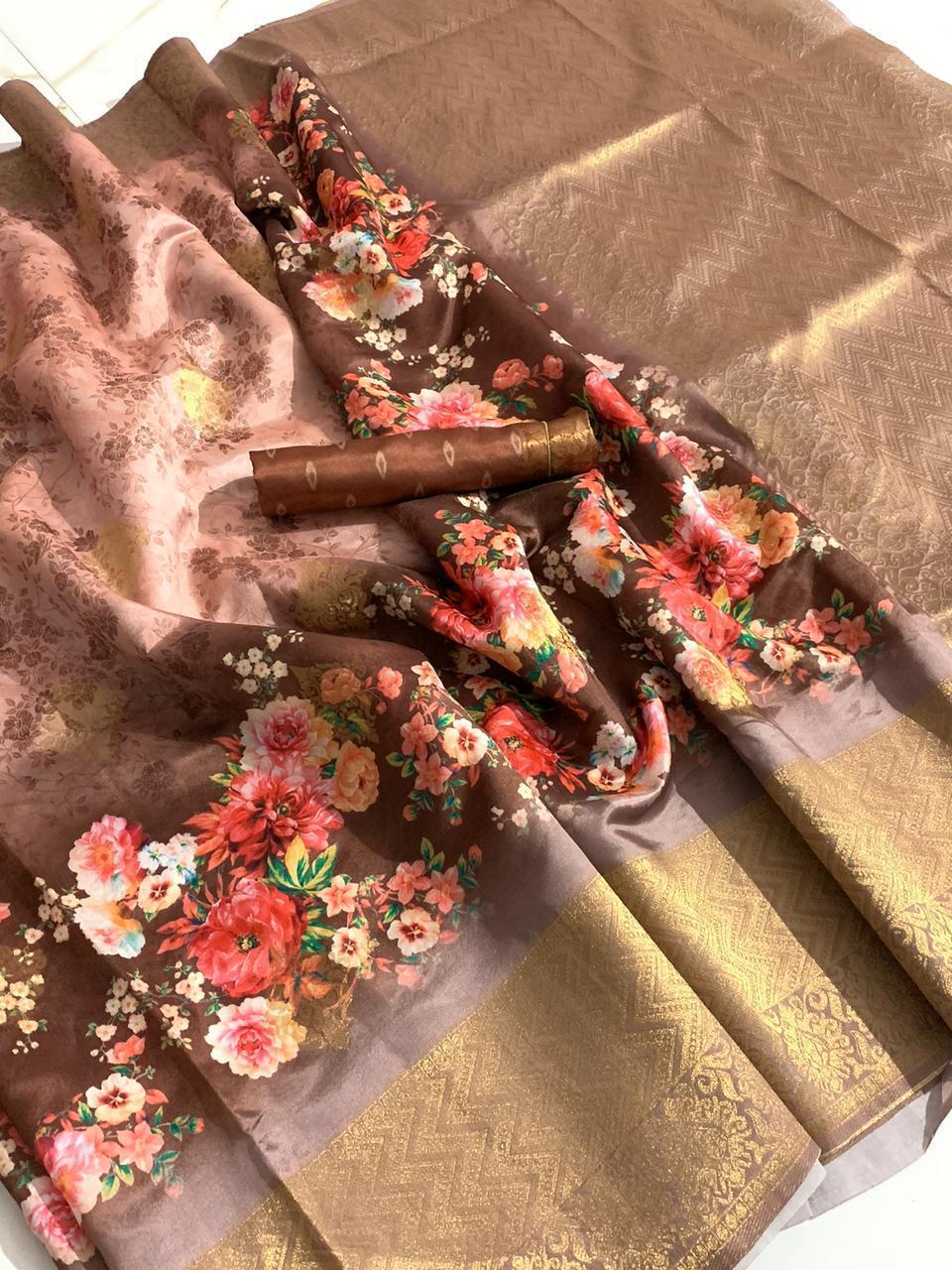 Beautiful Cinnamon Color Banarasi Silk Zari Weaving Digital Printed Saree Blouse