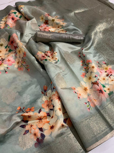 Attractive Grey Color Digital Printed Banarasi Silk Zari Weaving Pallu Saree Blouse