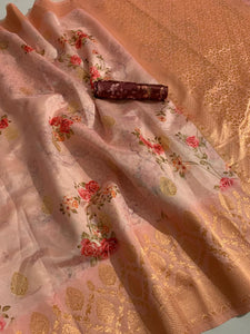 Lovely Light Peach Color Banarasi Silk Zari Weaving Digital Printed Saree Blouse