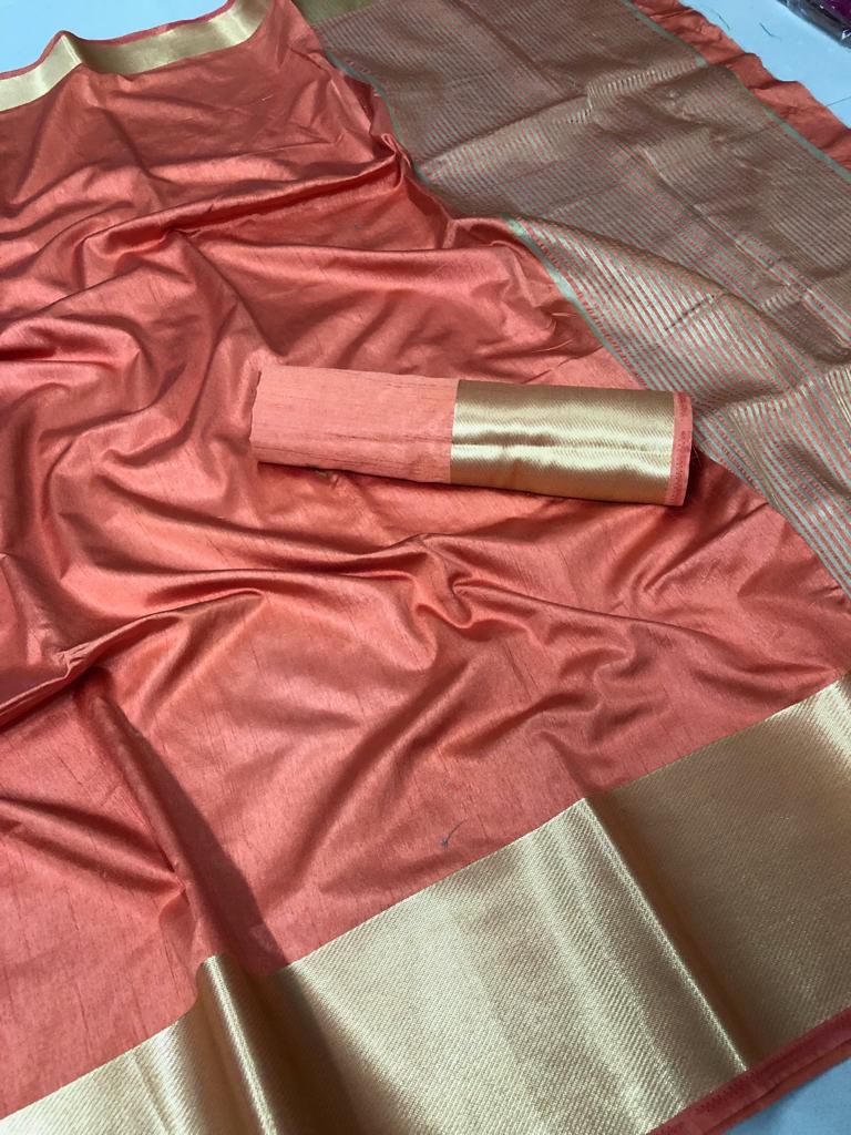 Radiant Peach Color Tussar Silk With Zari Patta Saree Blouse