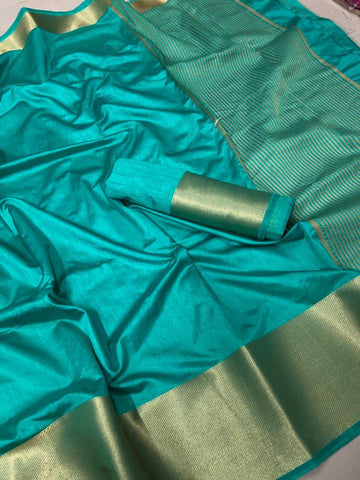 Ravishing Rama Color Zari Patta Tusser Silk Party Wear Saree Blouse