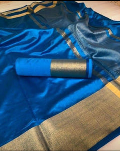 Striking Blue Color Tussar Silk With Zari Patta Saree Blouse