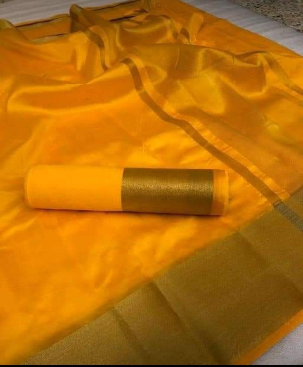 Dazzling Mustard Color Party Wear Tussar Silk Zari Patta Saree Blouse