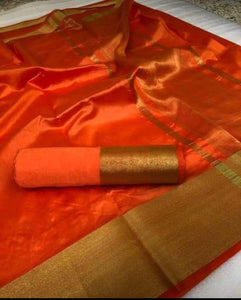 Wonderful Orange Color Tussar Silk Zari Patta Saree Blouse