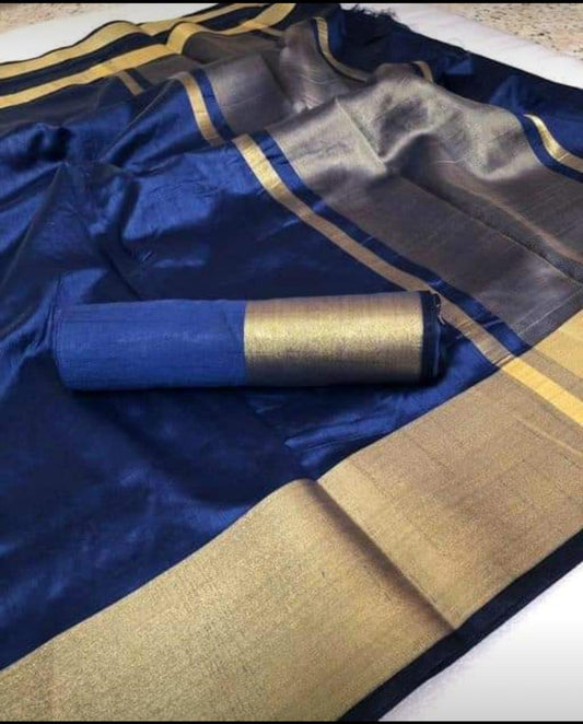 Magnificent Blue Color Tussar Silk With Zari Patta Saree Blouse