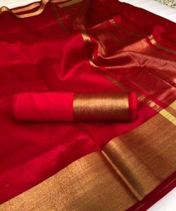 Captivating Red Color Tussar Silk With Zari Patta Wedding Wear Saree Blouse
