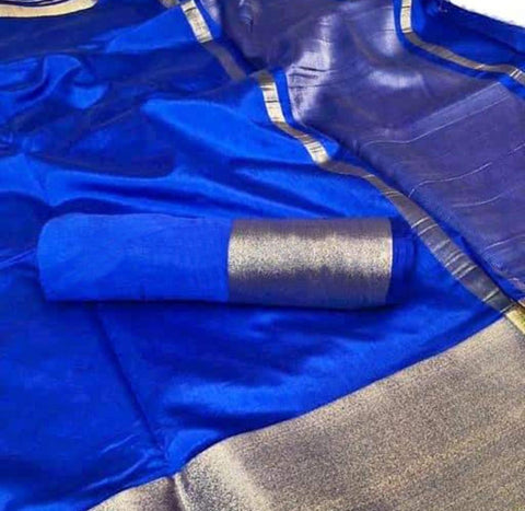 Alluring Royal Blue Color Tussar Silk Zari Patta Saree Blouse