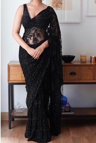 Exquisite Black Color Net With Embroidered Work Wedding Wear Saree Blouse