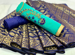 Beauteous Aqua Color Chanderi Cotton Daman Moti Khatali Hand Work Salwar Suit