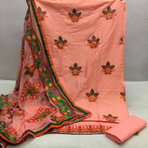 Attractive Peach Color Jaam Cotton Satin Aari Embroidered Lace Work Salwar Suit