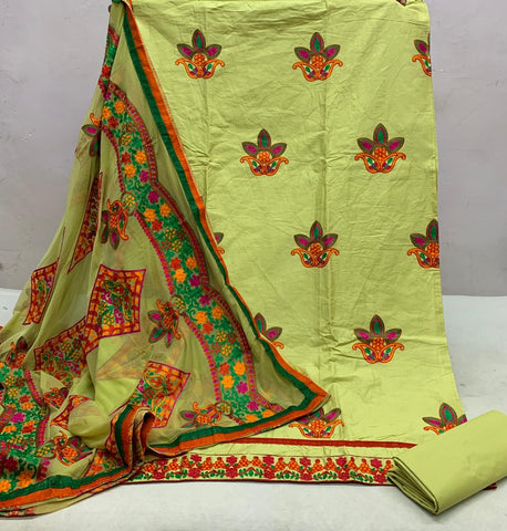 Lovely Pista Green Color Jaam Cotton Satin Aari Embroidered Work Salwar Suit