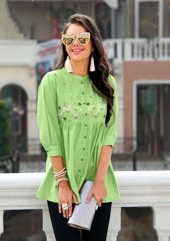 Sizzling Light Green Color Embroidered Work Jam Cotton Designer Western Ready Made Top