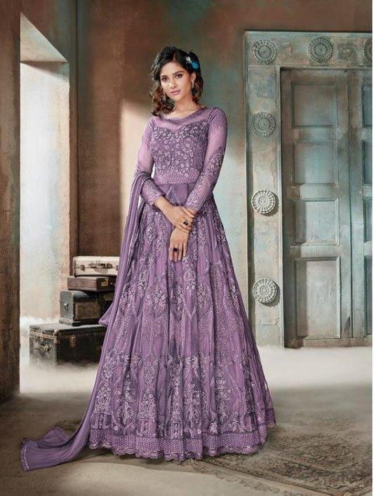 Sensational Orchid Color Heavy Net Diamond Embroidered Work Salwar Suit