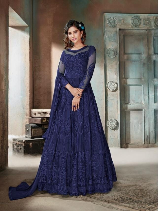 Ravishing Navy Blue Color Heavy Net Embroidered Diamond Work Wedding Wear Salwar Suit