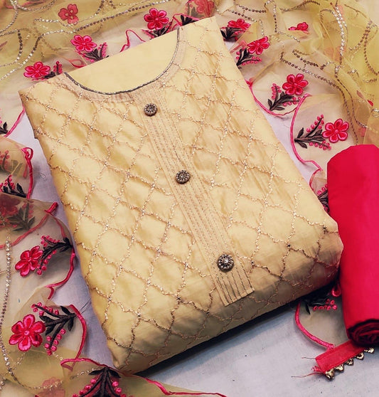 Captivating Cream Color Modal Chanderi Embroidered Work Party Wear Salwar Suit