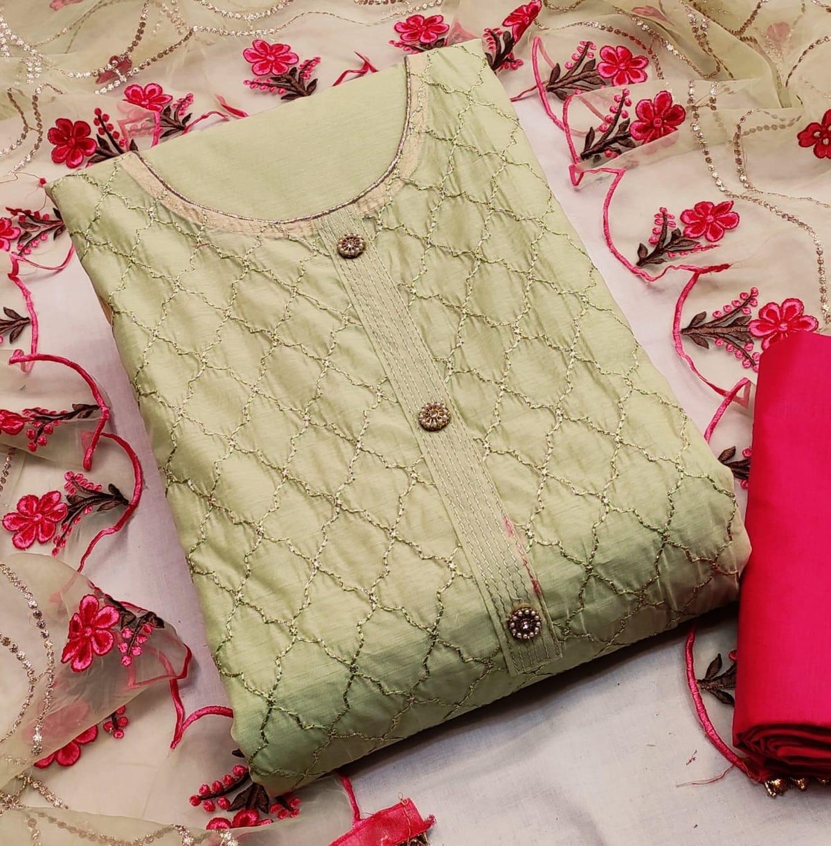 Bewitching Sage Color Modal Chanderi Embroidered Work Salwar Suit
