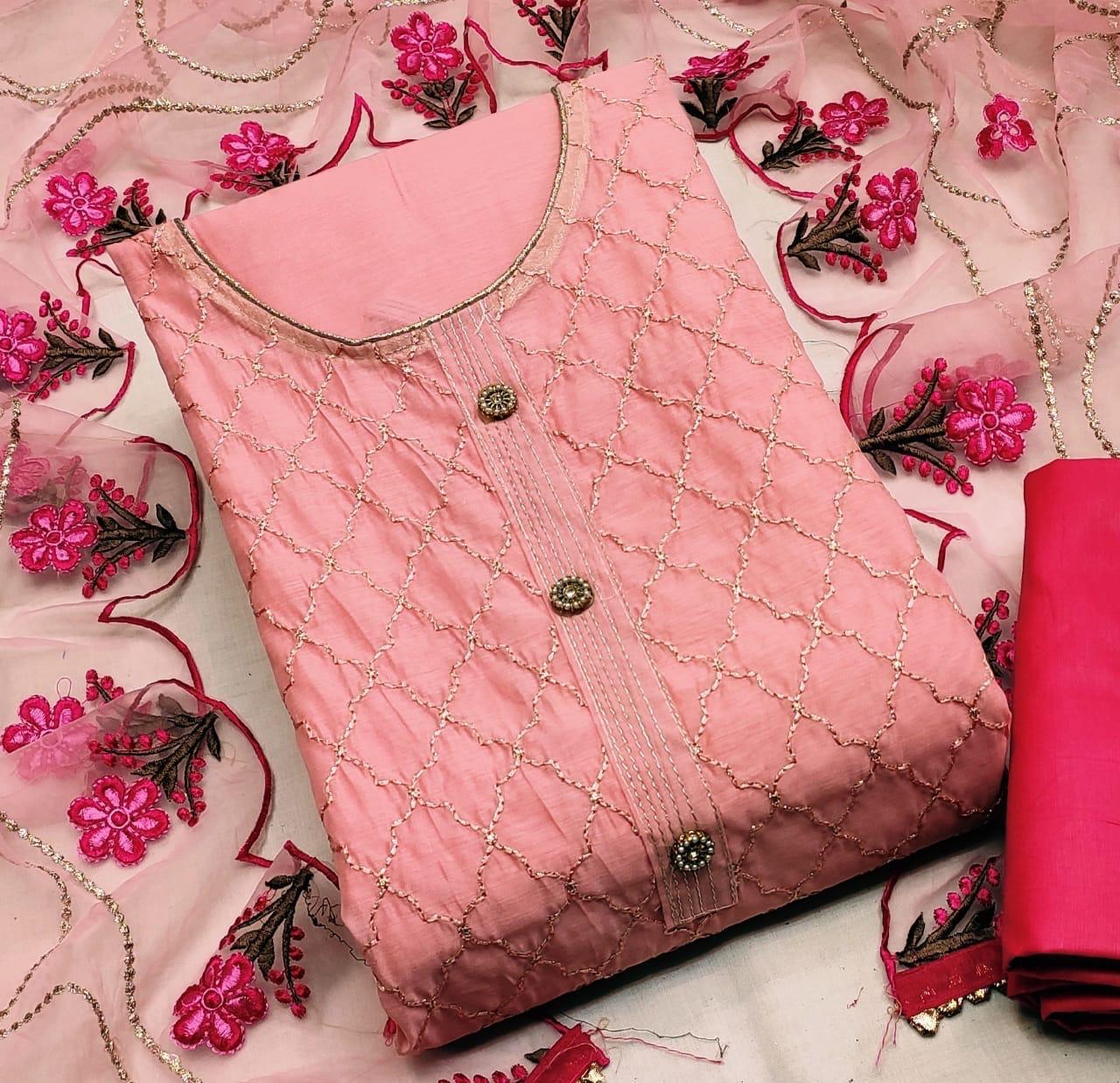 Latest Pink Color Party Wear Modal Chanderi Cotton Embroidered Work Salwar Suit