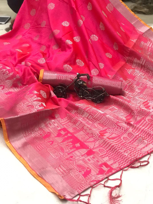 Gorgeous Pink Color Soft Silk Zari Weaving Saree Blouse
