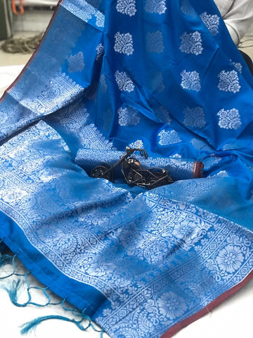 Knockout Blue Color Party Wear Soft Silk Zari Weaving Saree Blouse