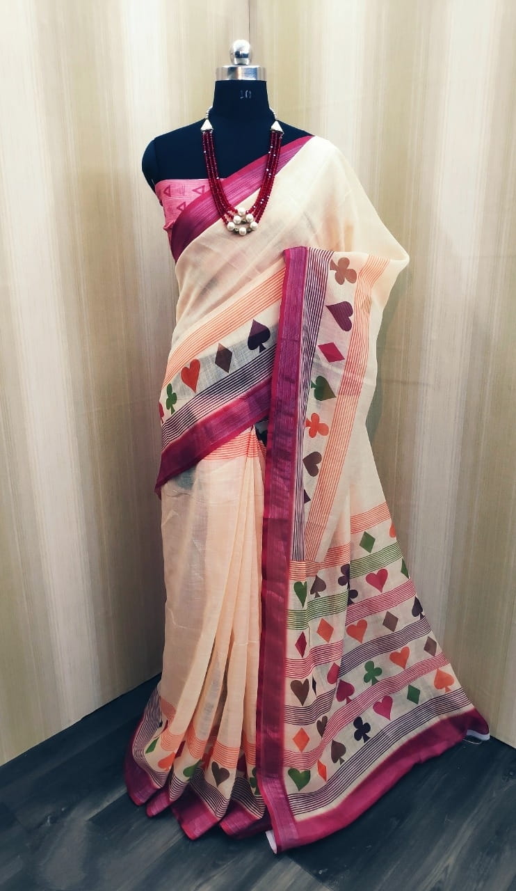 Pulchritudinous Opulent Cream Color Cotton Linen Silver Zari Weaving All Over Pallu Saree Blouse