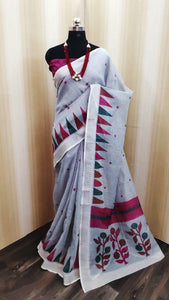 Tremendous Grey Color Party Wear Soft Cotton Linen Silver Zari Weaving All Over Pallu Saree Blouse