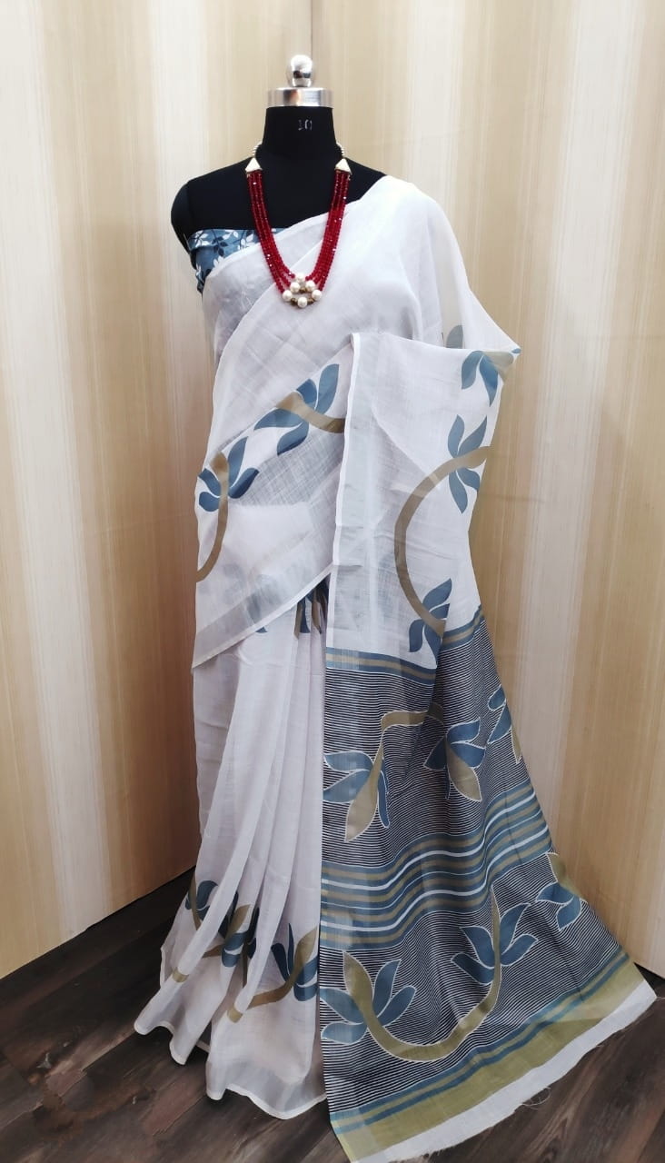 Beautiful White Color Soft Cotton Linen Weaving Zari All Over Pallu Saree Blouse