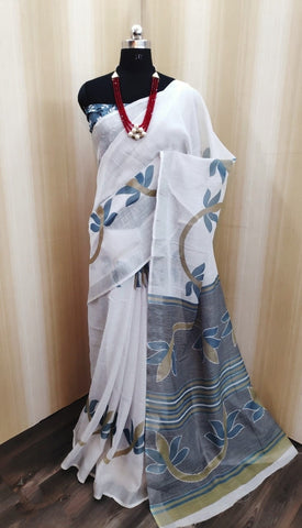 Beautiful White Color Soft Cotton Linen Weaving Zari All Over Pallu Saree Blouse