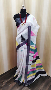 Attractive White Festive Wear Cotton Linen Silver Zari Weaving Pallu Saree Blouse