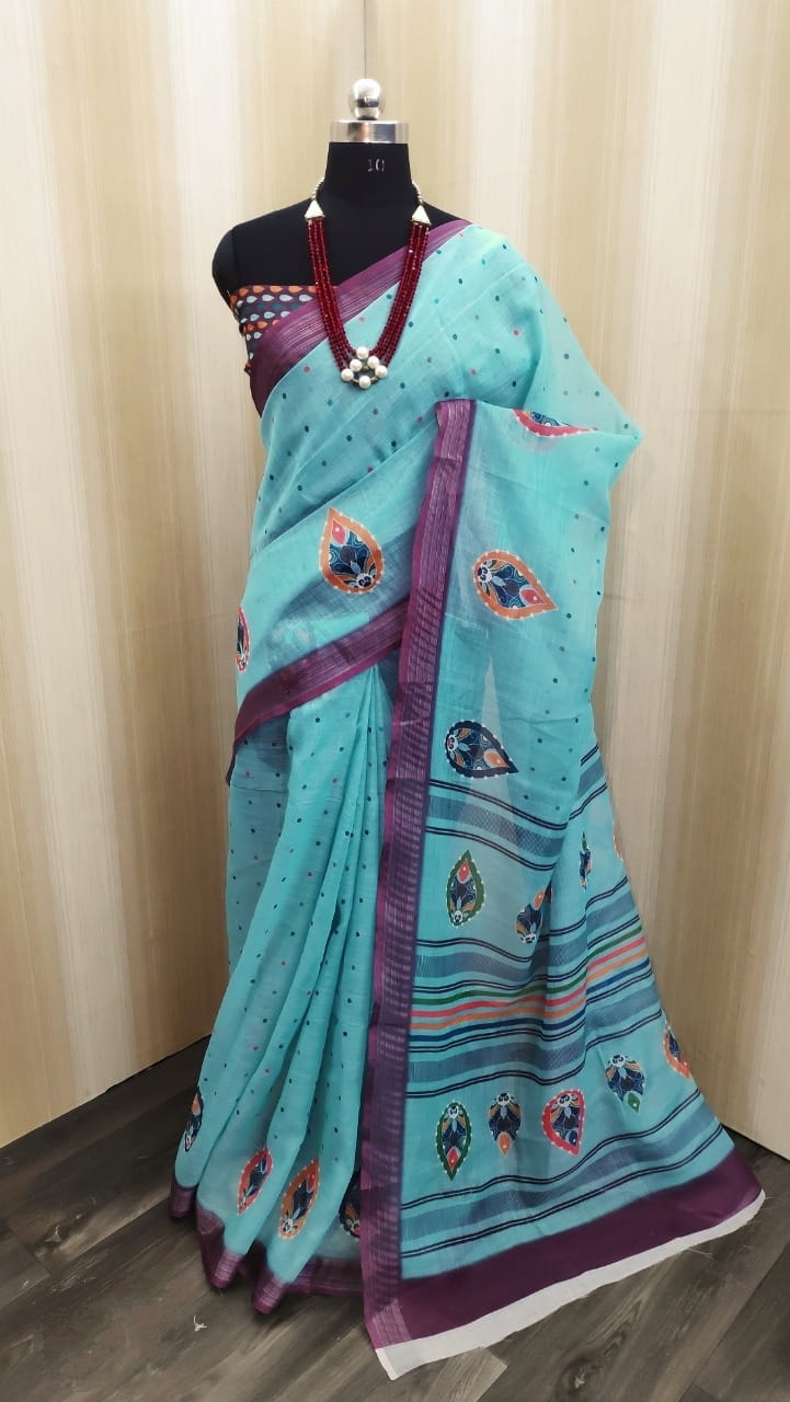 Lovely Sky Blue Color Soft Linen Cotton Silver Zari Weaving Party Wear Saree Blouse