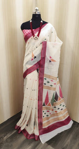 Good-Looking Off White Color Linen Cotton Silver Zari Weaving Pallu All Over Saree Blouse