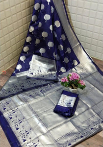 Dazzling Royal Blue Color Soft Silk Silver Zari Weaving All Over Pallu Saree Blouse