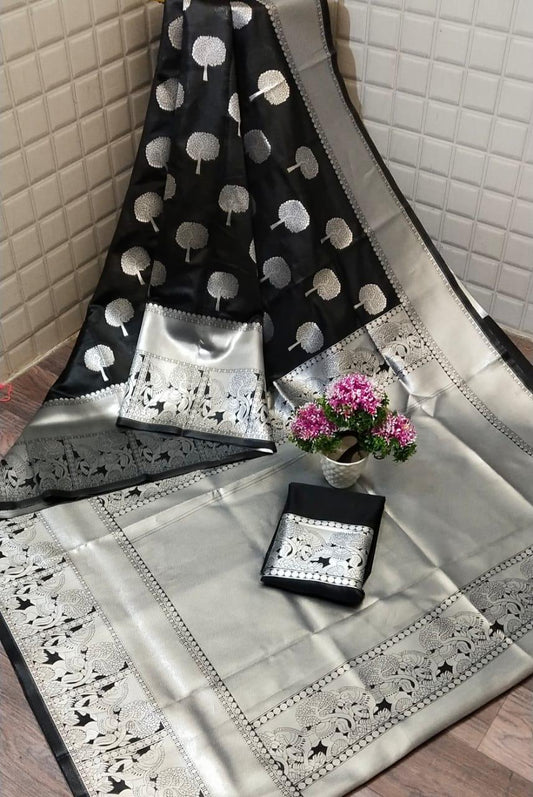 Devastating Black Color Silver Zari Weaving Soft Silk Rich Pallu Party Wear Saree Blouse