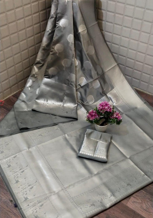 Wonderful Silver Grey Color Soft Silk Zari Weaving All Over Rich Pallu Saree Blouse