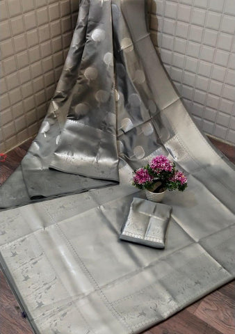 Wonderful Silver Grey Color Soft Silk Zari Weaving All Over Rich Pallu Saree Blouse