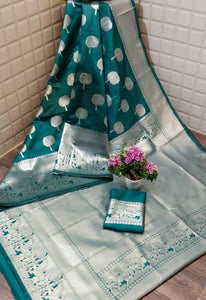 Magnificent Teal Color Soft Silk Silver Zari Weaving Rich Pallu Festive Wear Saree Blouse