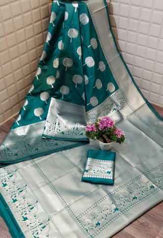 Magnificent Teal Color Soft Silk Silver Zari Weaving Rich Pallu Festive Wear Saree Blouse