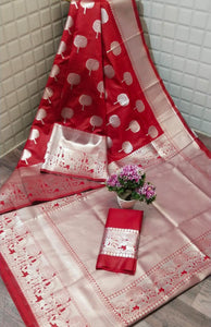 Glorious Red Color Party Wear Soft Silk Silver Zari Weaving Rich Pallu Saree Blouse