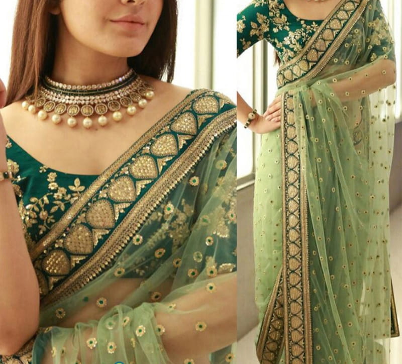 Captivating Green Color Nylon Net Sequence Embroidered Work Saree Blouse