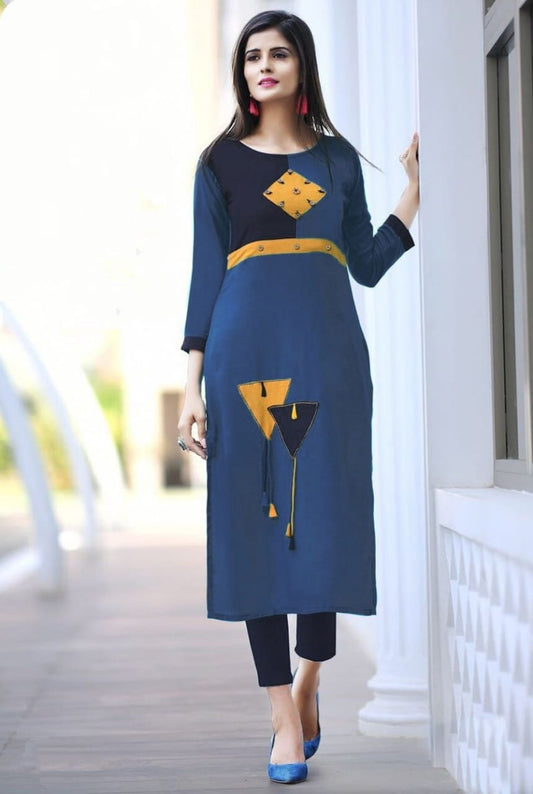 Bewitching Navy Blue Color Cotton Designer Kurti