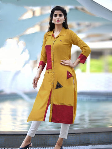 Alluring Mustard Color Festive Wear Cotton Designer Kurti