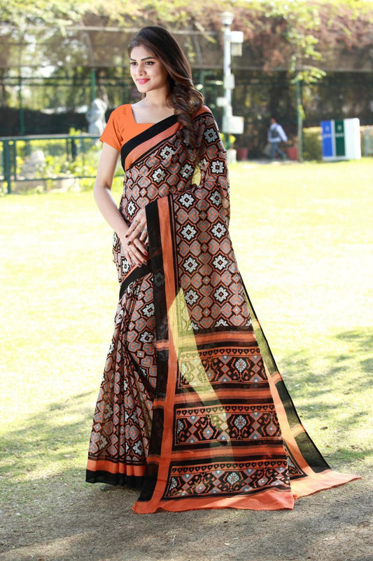 Amazeballs Orange Color Pure Cotton Block Printed Saree