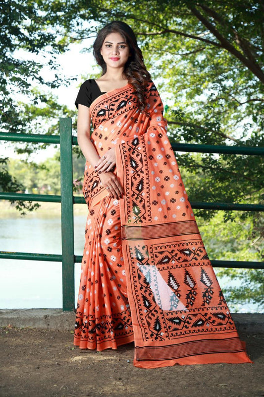 Knockout Redorange Color Pure Cotton Block Printed Saree Blouse