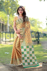 Smashing Marigold Color Pure Cotton With Block Printed Saree Blouse