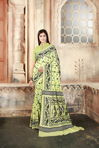 Beauteous Applegreen Color Festive Wear Pure Cotton Block Printed Saree Blouse