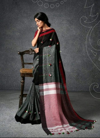 Black Color Cotton Linen Pom Pom Pallu Saree Blouse For Women