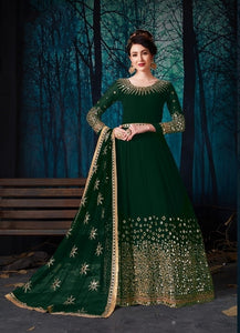 Dark Green Color Designer Georgette Embroidered Stone Mirror Work Salwar Suit